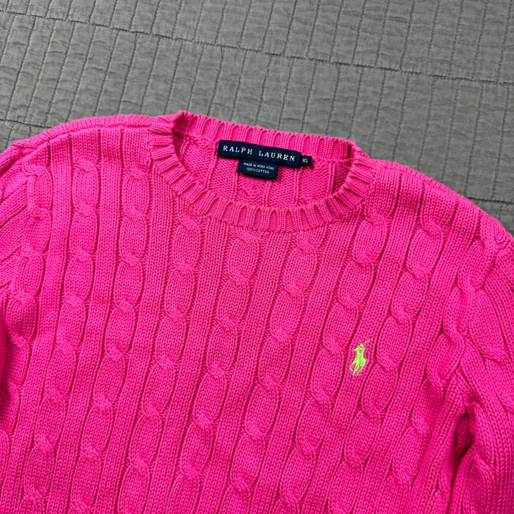 Vintage Ralph Lauren Women XS Hot Pink Cable Knit Crewneck Sweater Preppy Pony - Picture 2 of 8